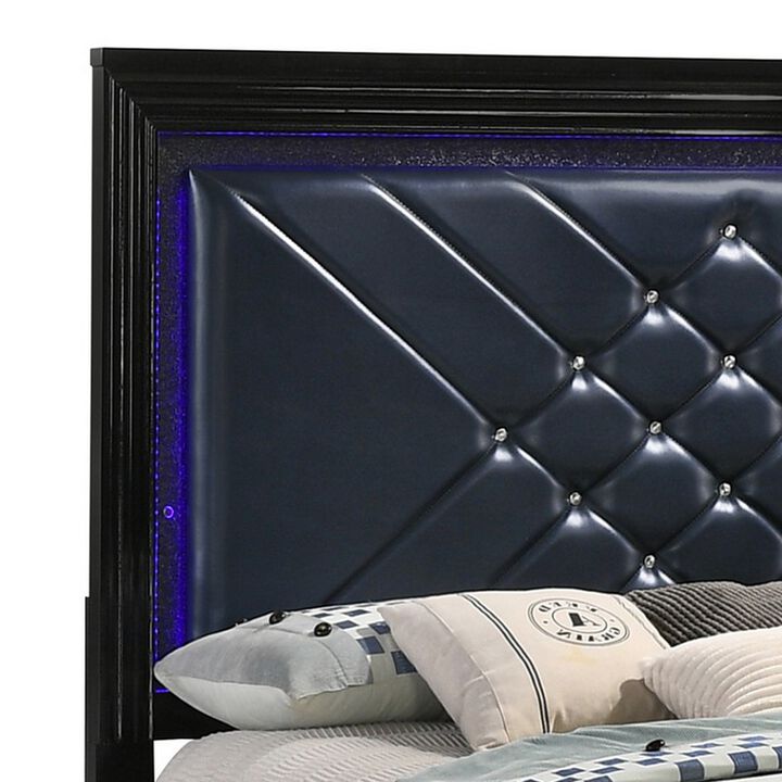 Vini Queen Bed, LED Headboard, Midnight Blue Faux Leather Upholstery, Black - Benzara