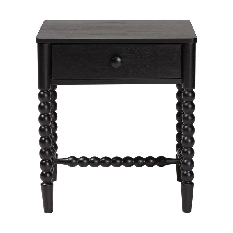 Baxton Studio Brantley Spindle Nightstand - 1-Drawer Bedside Table with Beaded Frame and Open Base for Bedroom image number 2