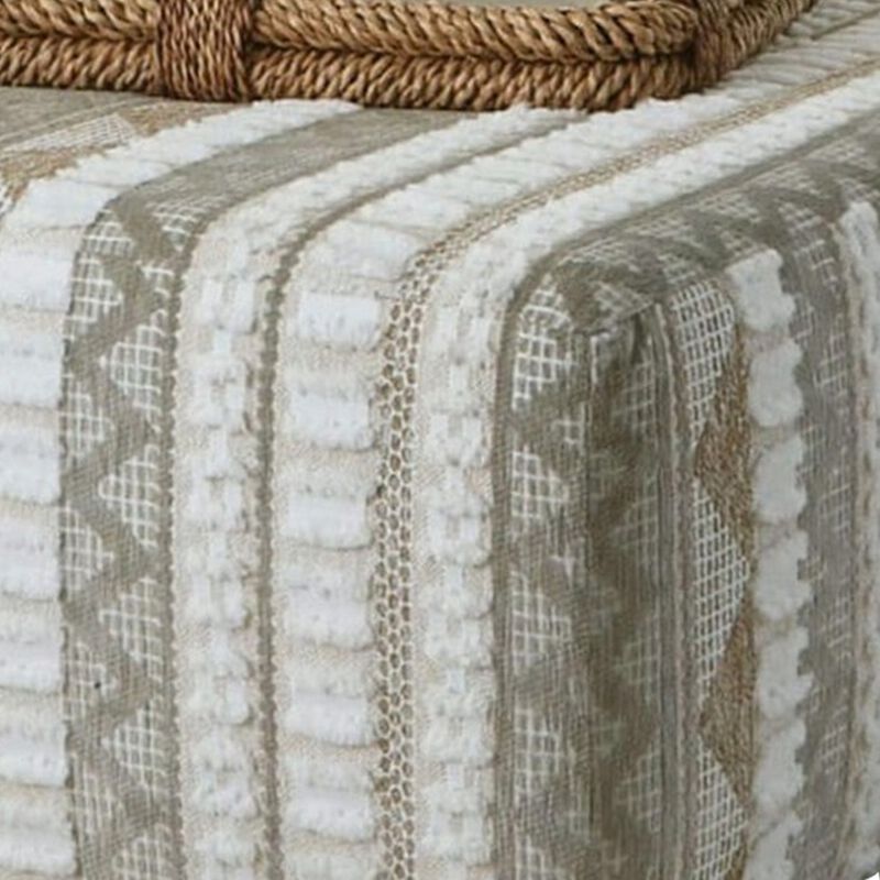 Phan Ottoman, Plush Ivory Chenille, Elegant Lined Pattern, 41 Inch - Benzara