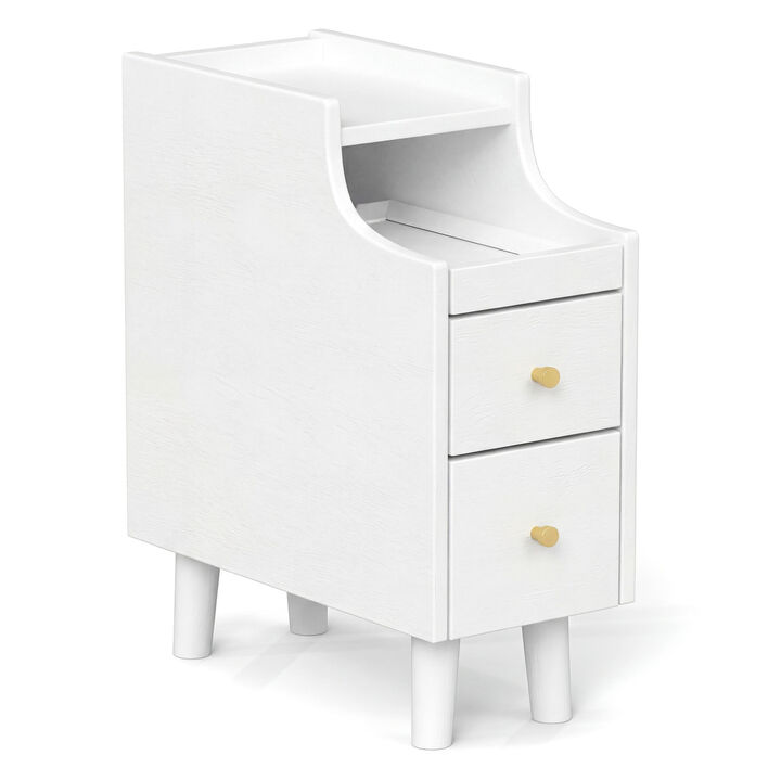 Solid Wood Narrow Nightstand with Pull-Out Tray and 2 Storage Drawers
