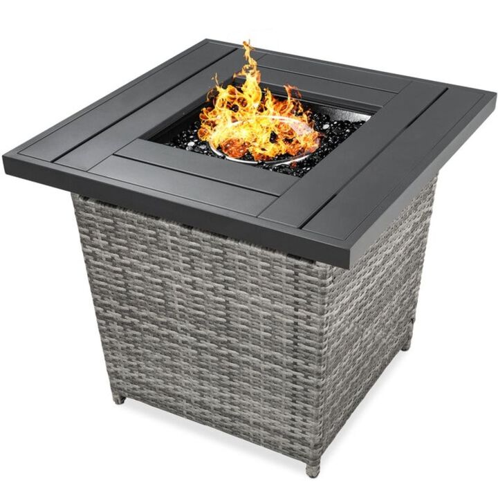 QuikFurn 50,000 BTU Grey Wicker LP Gas Propane Fire Pit w/ Faux Wood Tabletop and Cover