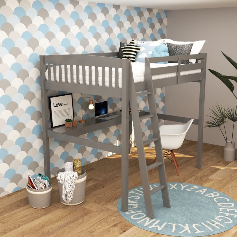 Everest Grey High Loft Bed with Desk and Storage, Space Saver Full Size Kids Loft Bed with Stairs for Toddlers Assembled in Sturdy Solid Wood, No Box Spring Needed