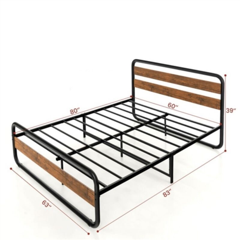 Heavy Duty Metal Tube Platform Bed &ndash; Industrial Frame with Wood Headboard and Footboard