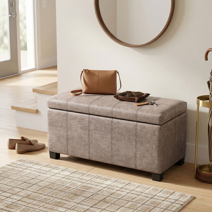 Dover 36 inch Wide Contemporary Rectangle Storage Ottoman Bench in Distressed Grey Taupe Vegan Faux Leather, Assembled