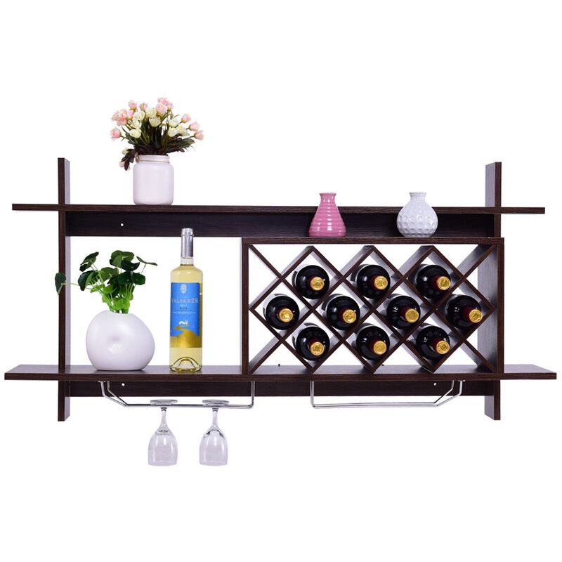 Wall Mount Wine Rack with Glass Holder & Storage Shelf-Walnut