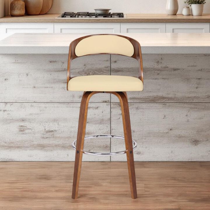 Hivvago 30 Inch Cream and Brown Fabric and Iron Low Back Bar Height Swivel Bar Chair