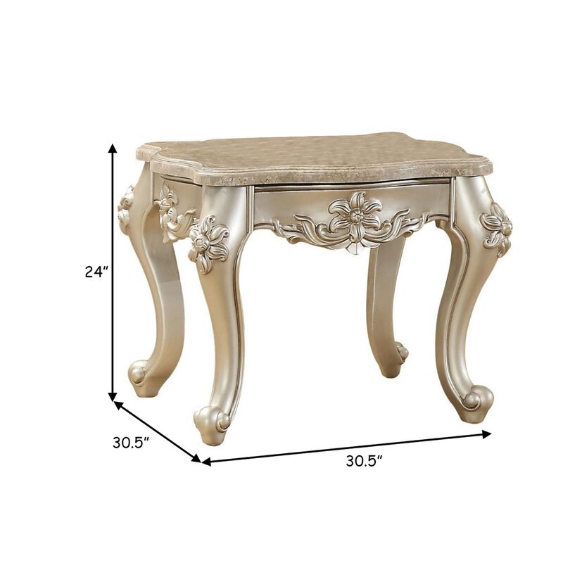 Marble Top End Table With Flower Motif Engraved Angular Wood Feet, Silver-Benzara