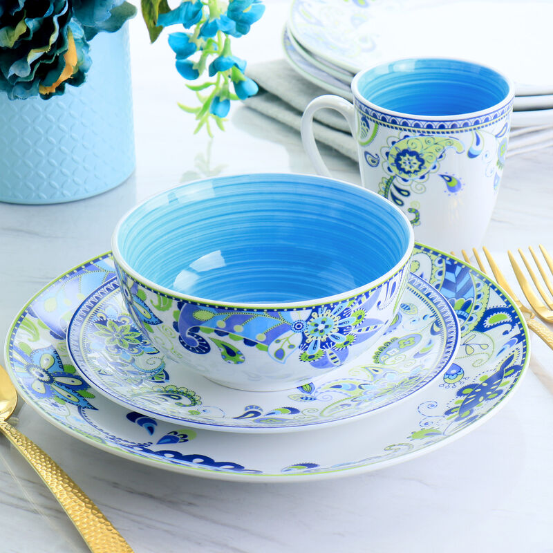 Elama Blue Fiesta 16 Piece Round Porcelain Dinnerware Set