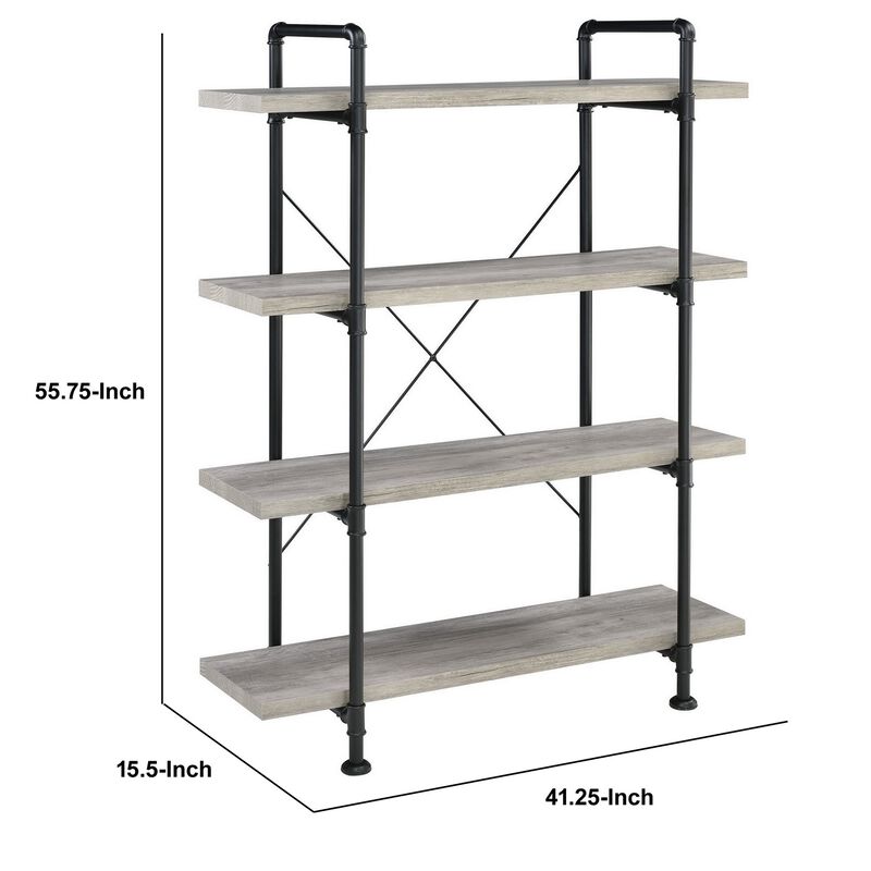 56 Inch 4 Tier Metal and Wooden Bookcase, Black and Gray-Benzara