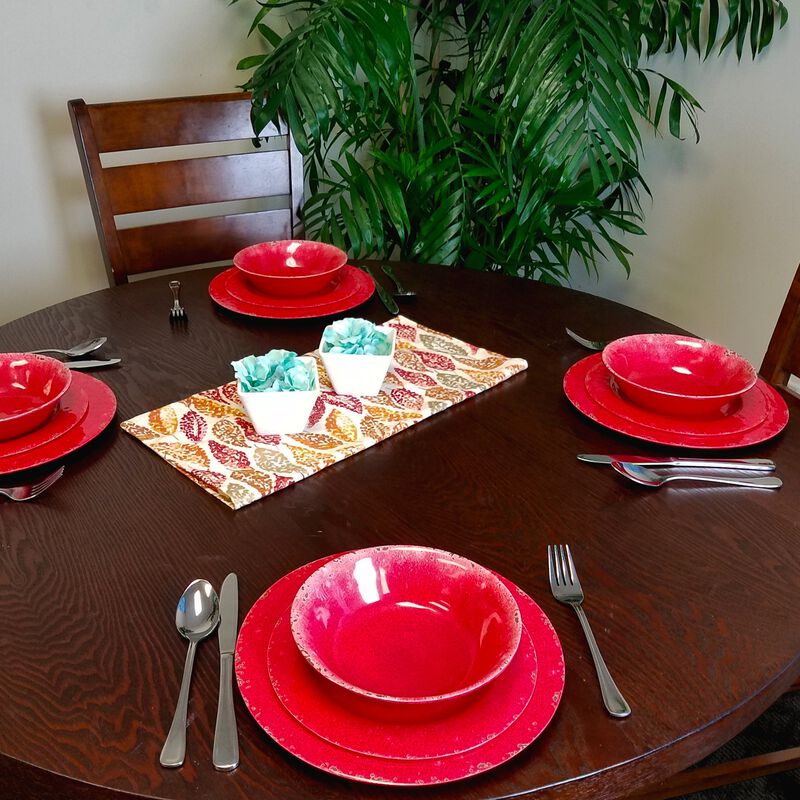 Studio California Mauna 12 Piece Melamine Dinnerware Set in Red Crackle Look Decal