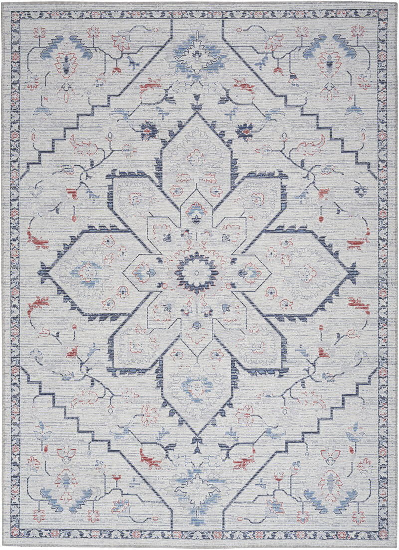 6 x 9 Ivory and Blue Oriental Power Loom Washable Area Rug