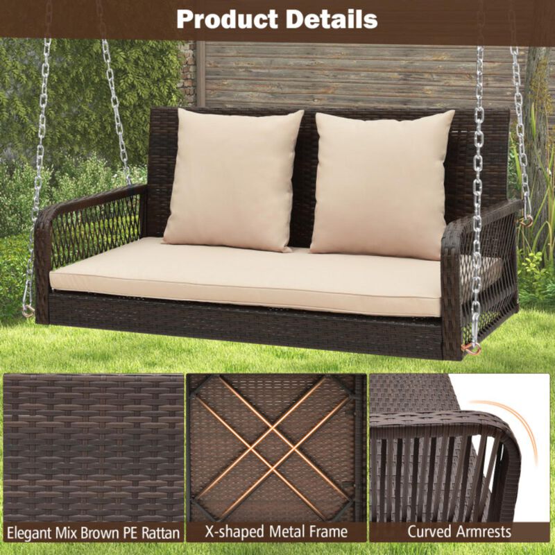 Hivvago 2-Person Outdoor Wicker Porch Swing with Seat and Back Cushions
