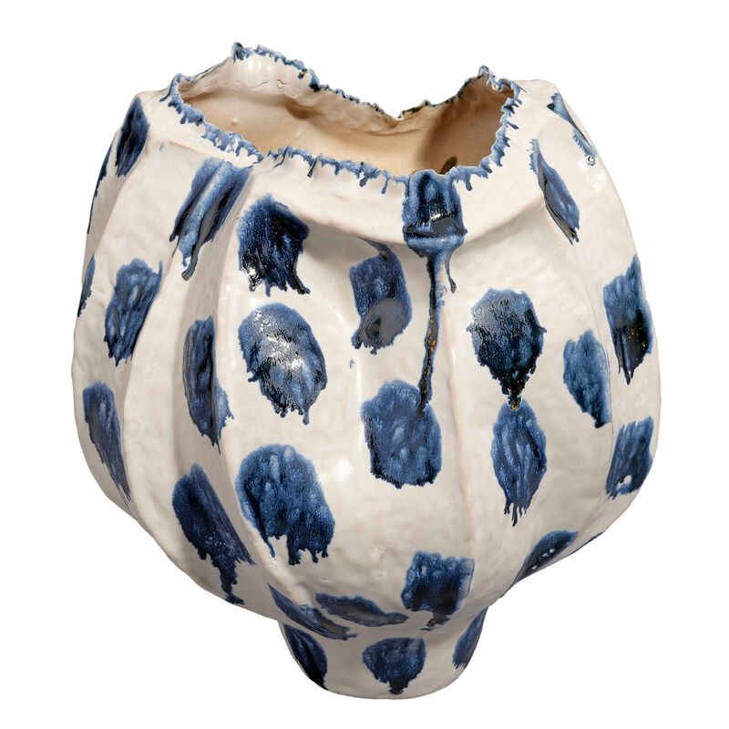 Nery Decorative Vase, Ruffled Edge, Blue White Patchwork Ceramic