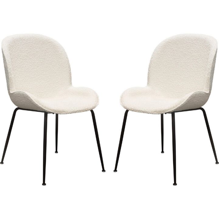 21 Inch Dining Chairs, Set of 2, Black Metal Legs, Ivory Boucle Upholstery - Benzara