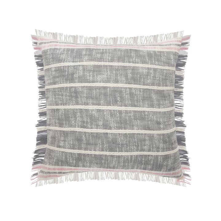 20" Gray and White Striped Square Throw Pillow with Fringes