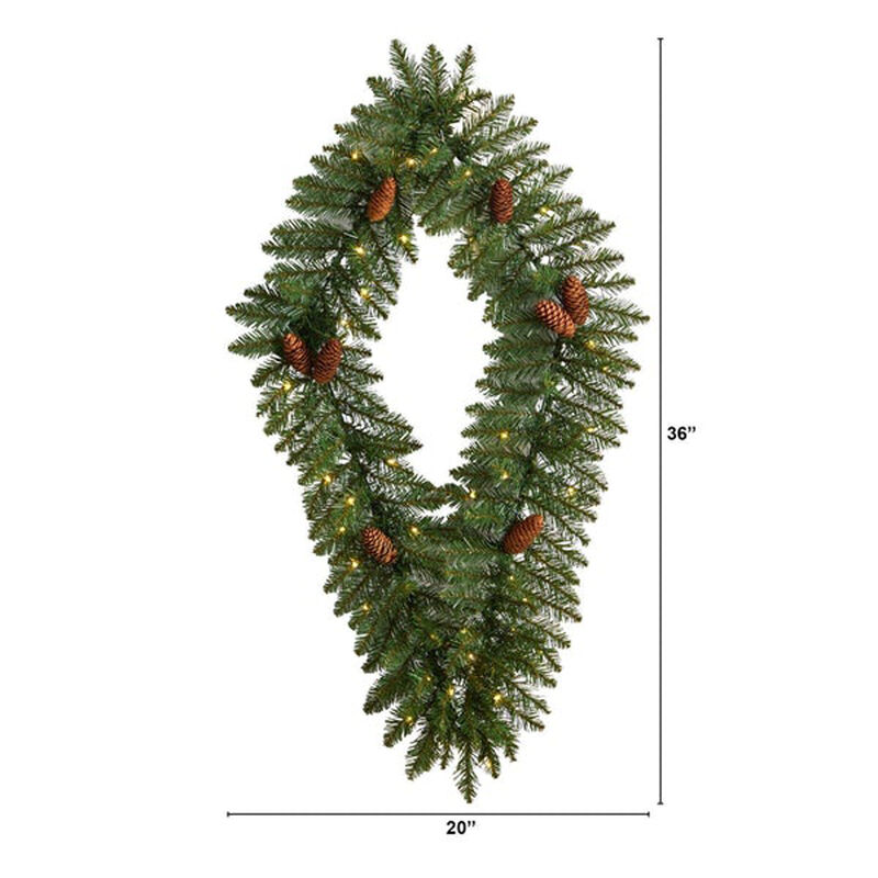 Nearly Natural 3-ft Holiday Christmas Geometric Diamond Wreath with Pinecones and 50 Warm White LED Lights