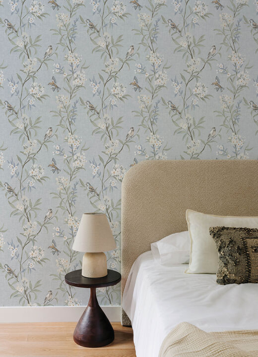 Tea Olive Light Blue Finch Frolic Wallpaper