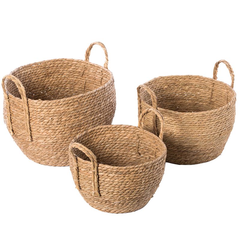 Decorative Round Wicker Woven Rope Storage Blanket Basket with Braided Handles - Set of 3