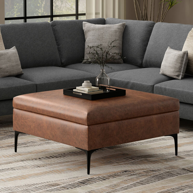 Rebecca 36 inch Wide Contemporary Square Mid Century Coffee Table Storage Ottoman with Lift Up Lid in Distressed Saddle Brown Vegan Faux Leather, Assembled