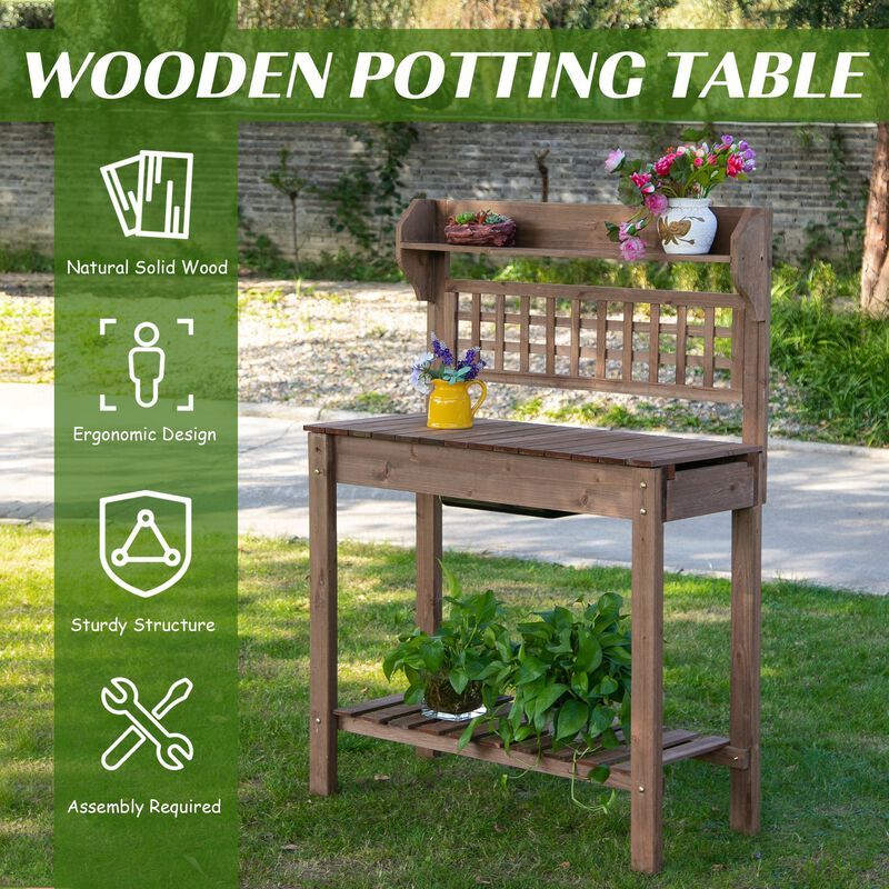Wooden Garden Station: Potting Bench with Sliding Tabletop and Storage