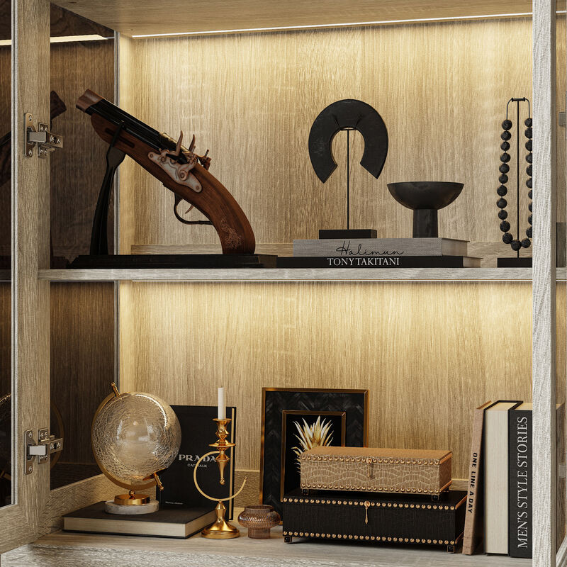 FUFU&GAGA Tall Glass Display Cabinet with LED Strip Light (37" W x 18.5" D x 69.3" H), Saw-Cut Gray Oak Finish