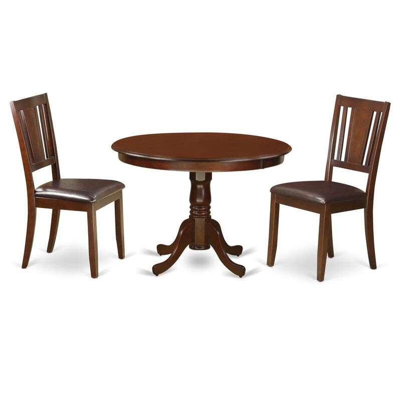 3 Pc set with a Round Kitchen Table and 2 Leather Dinette Chairs in Mahogany