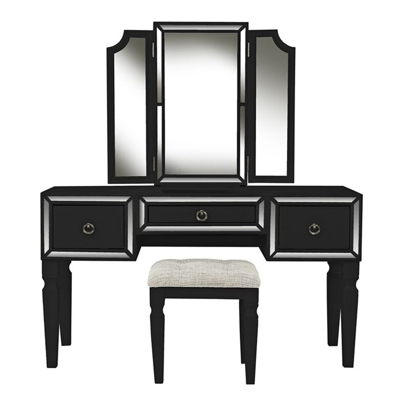 Thuy 60 Inch Vanity Desk Set, Upholstered Stool, Trifold Mirror, Black-Benzara