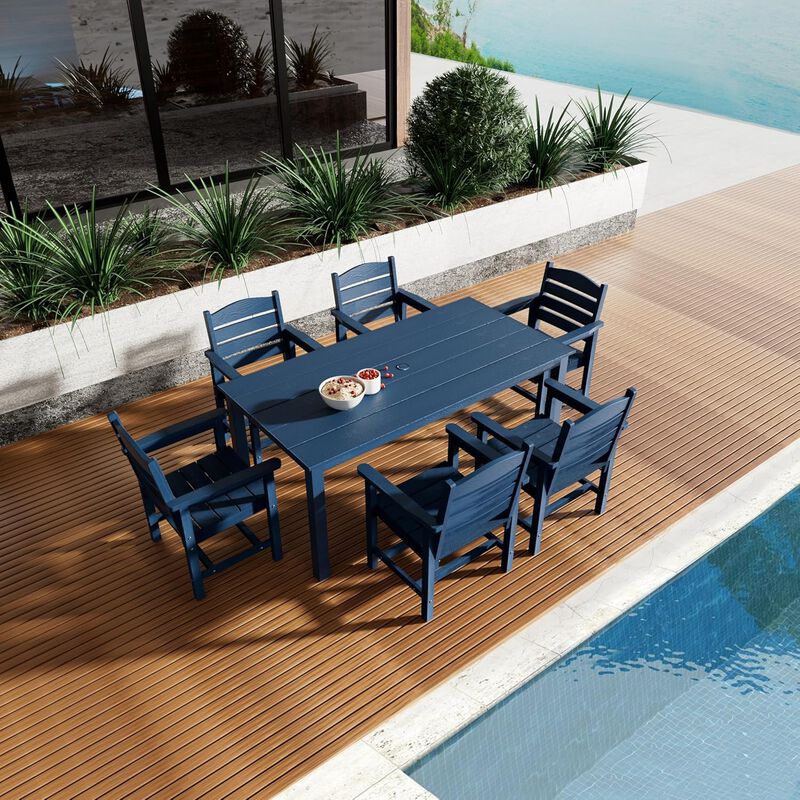 Poly Lumber Patio Dining Set, HIPS Outdoor 70.9-Inches Dining Table and Ladder Back Chairs, with Umbrella Hole, Weather Resistant (Navy Blue, 7 Piece)