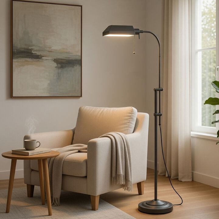 Arc Floor Lamp with Pull Chain, 42-58 Inch Adjustable Pole, Gray Metal