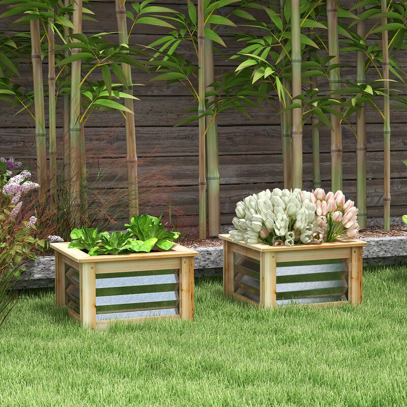 Outsunny Raised Garden Bed Set of 2, Outdoor Planter Box, Galvanized Metal Reinforced with Wood, Stock Tanks for Growing Flowers, Herbs and Vegetables
