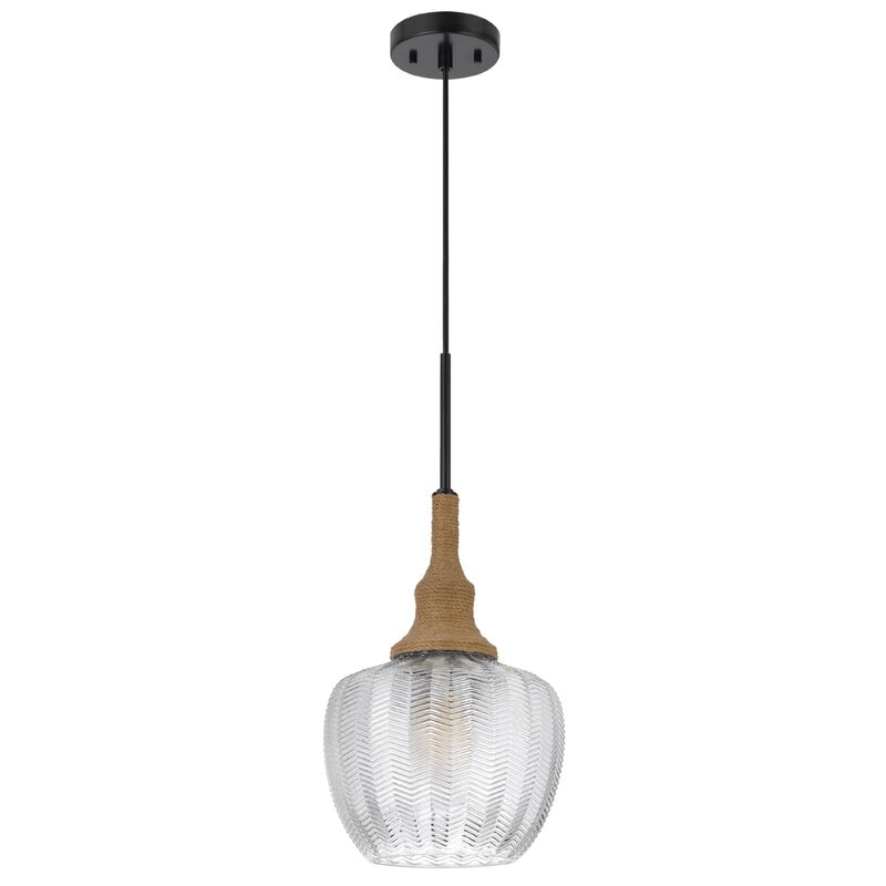 Pendant Light, Leaf Pattern Glass Shade, Burlap Rope Accent, Black Metal image number 3