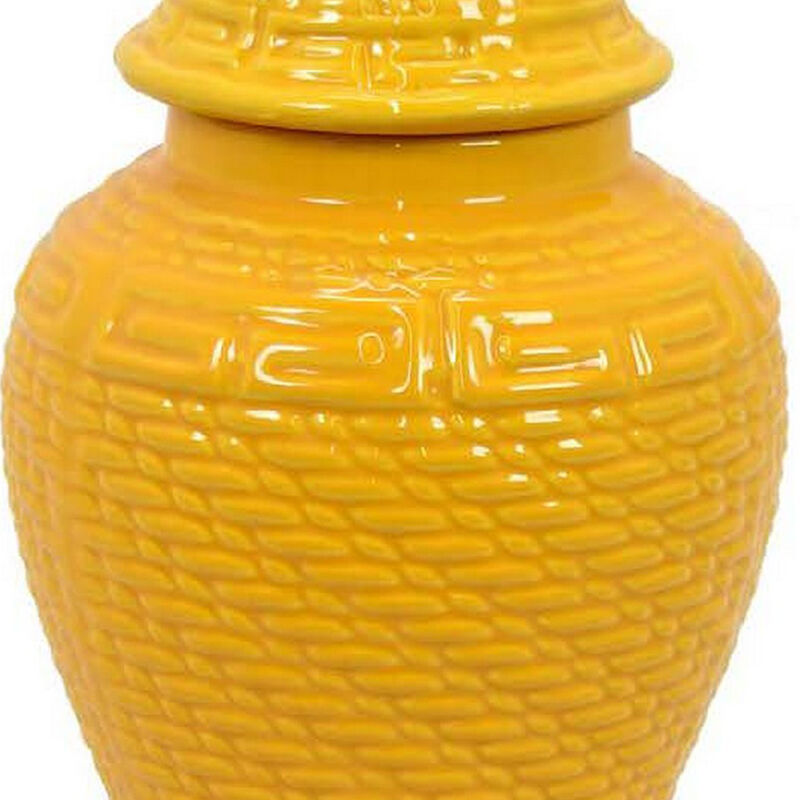 Bryan 13 Inch Ceramic Temple Jar, Geometric Print, Finial Top, Yellow - Benzara
