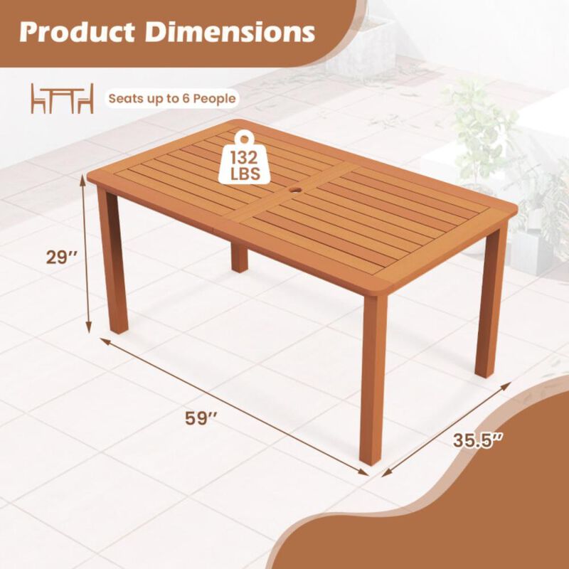 Hivvago Patio Outdoor Solid Wood Dining Table with Umbrella Hole for 6
