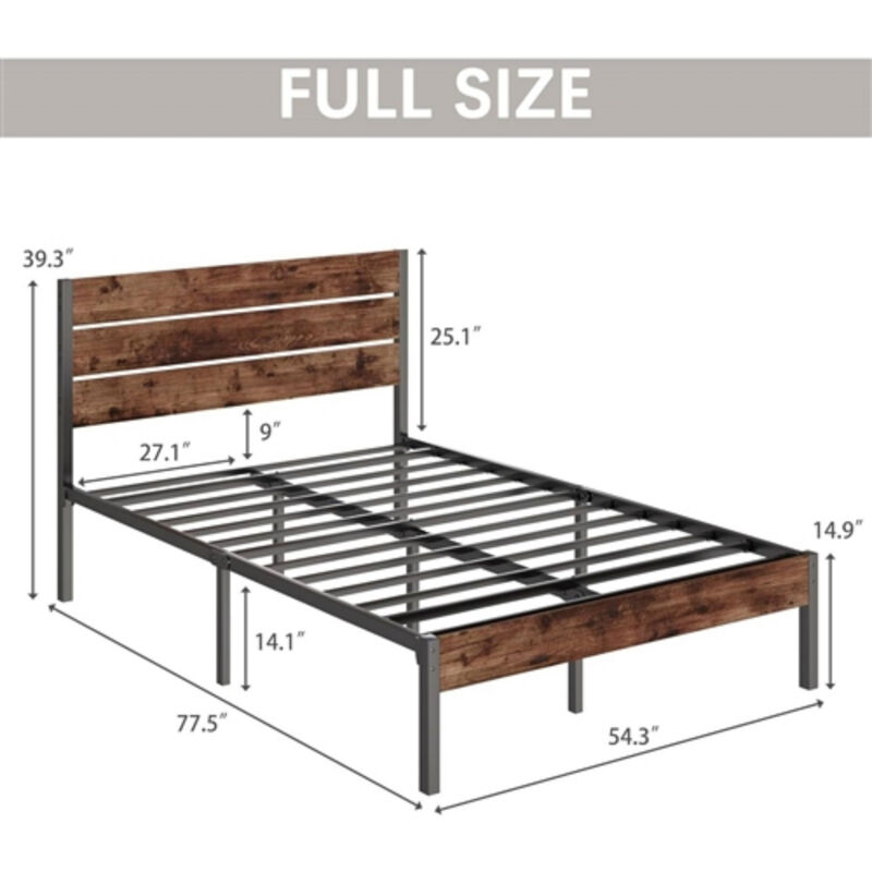 Metal Platform Bed Frame with Rustic Wood Headboard in Farmhouse Style