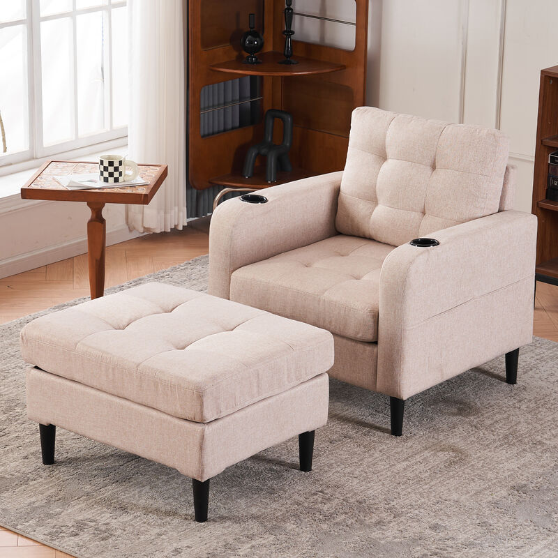 Upholstered Armchair with Storage Ottoman and Cup Holders for Cozy Seating