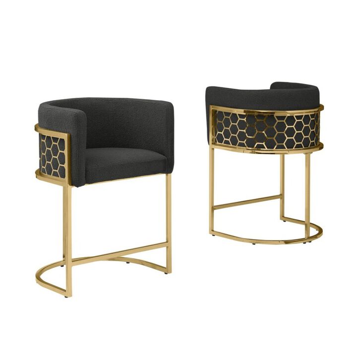 Best Quality Furniture Honeycomb back barrel chair in Black with gold base, Set of 2