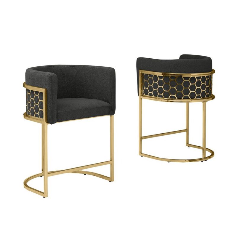 Best Quality Furniture Honeycomb back barrel chair in Black with gold base, Set of 2 image number 0