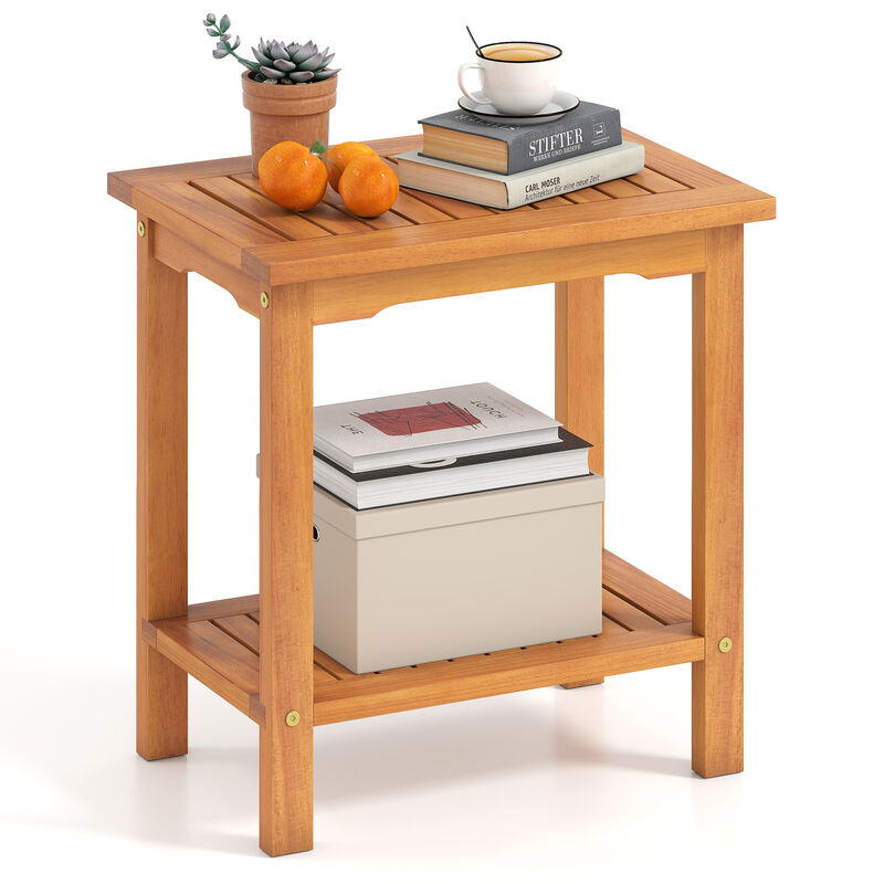 Outdoor 2-Tier Acacia Wood Side Table with Slatted Top and Lower Storage Shelf-Natural image number 3