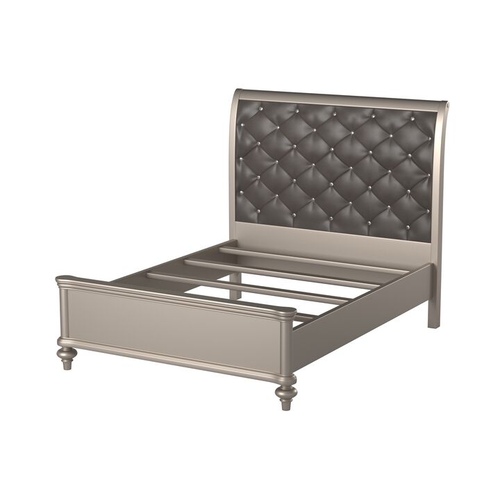Opulent Wooden Queen Bed With Silver PU Tufted HB, Shinny Silver Finish - Benzara