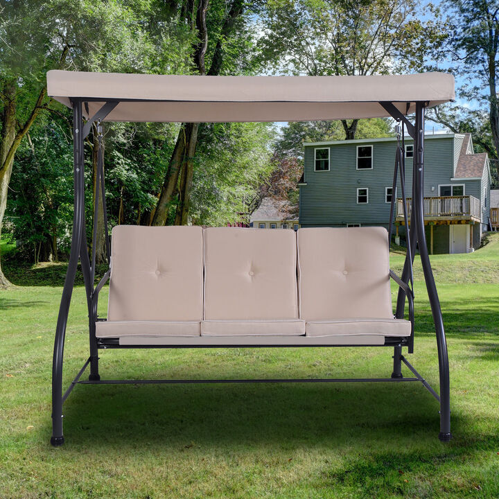 3 Person Porch Swing Outdoor Patio Swing Chair Bench Hammock with Adjustable Canopy, Cushions, Pillows