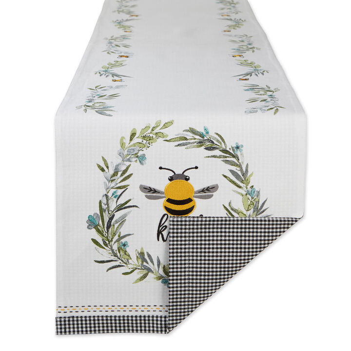 14" x 108" White  Gray  and Yellow Rectangular Home Essentials Bee Kind Reversible Embellished Table Runner