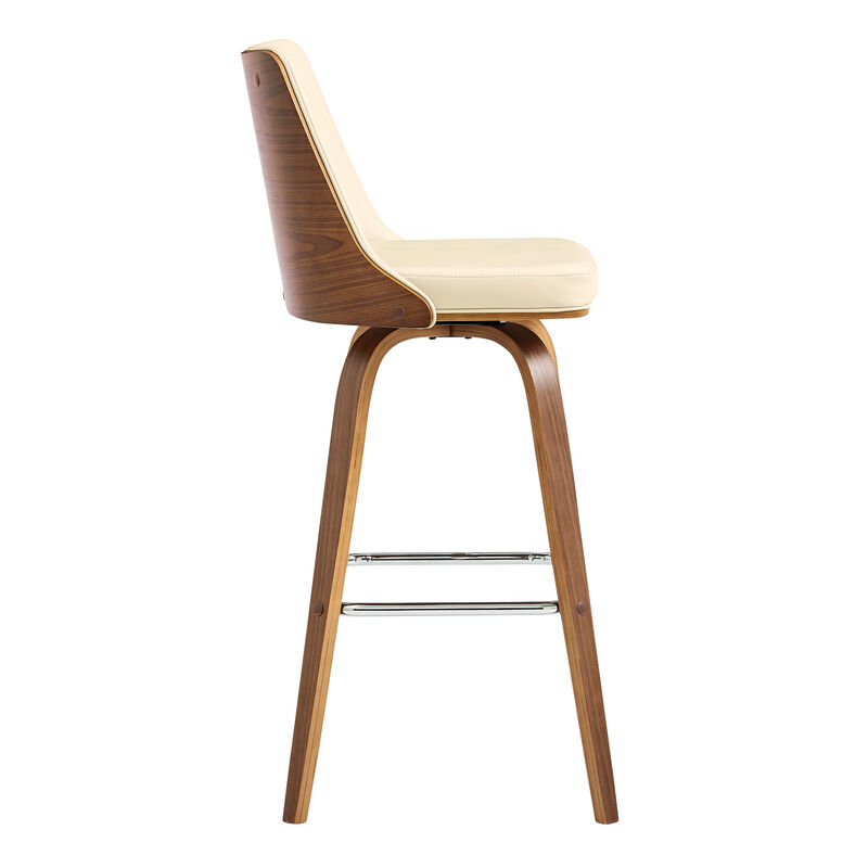 Nolte Swivel Bar Stool in Cream Faux Leather and Walnut Wood