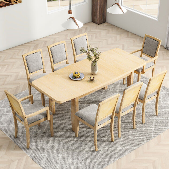 Rustic Extendable 84inch Dining Table Set with 24inch Removable Leaf, 6 Upholstered Armless Dining Chairs and 2 Padded Arm Chairs, 9 Pieces, Natural