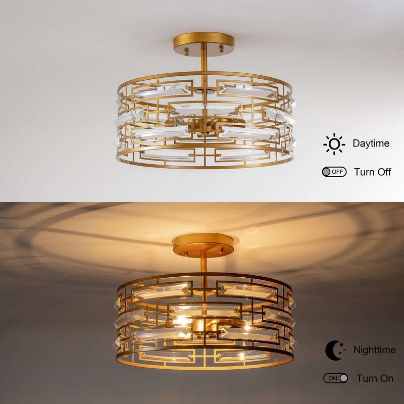 Ariel 3-Light Drum Shade Clear Glass Prism Flush Mount - Medium‑gloss Brushed Brass Finish image number 8