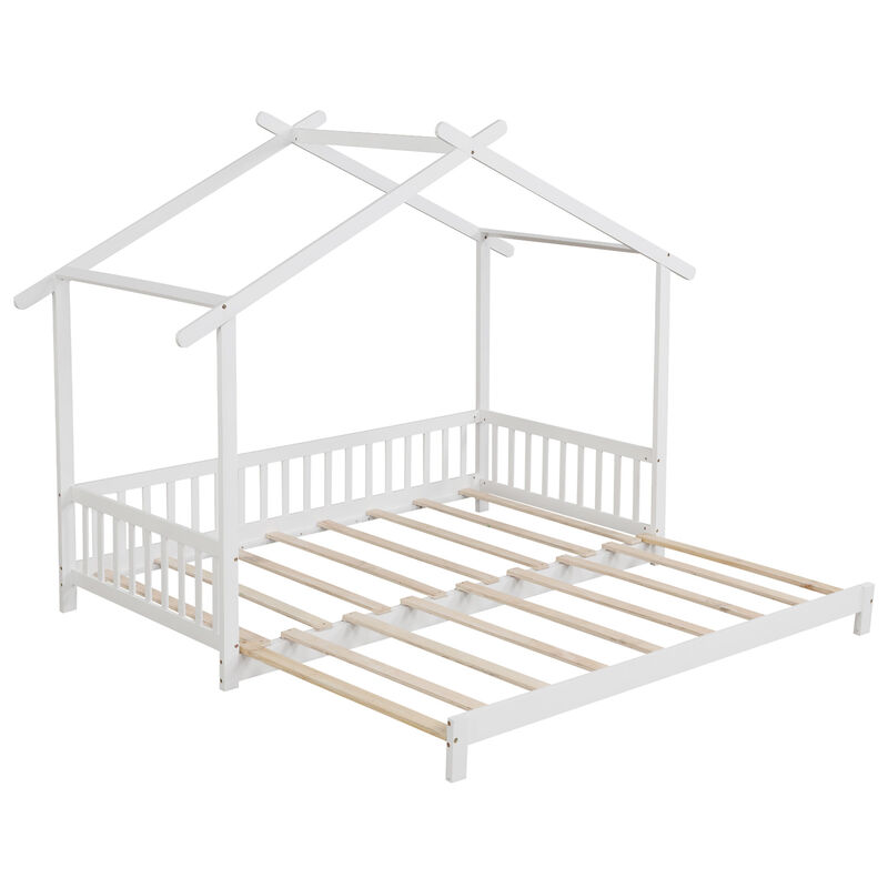 Extendable Daybed with Roof and Fence Rails – Fun Wooden House Bed for Children