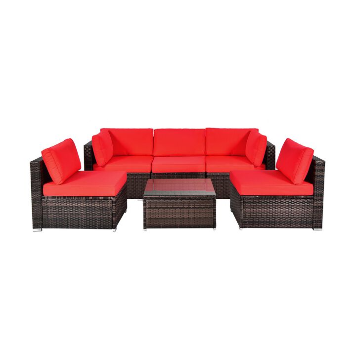 6 Pieces Patio Rattan Furniture Set with Cushions and Glass Coffee Table