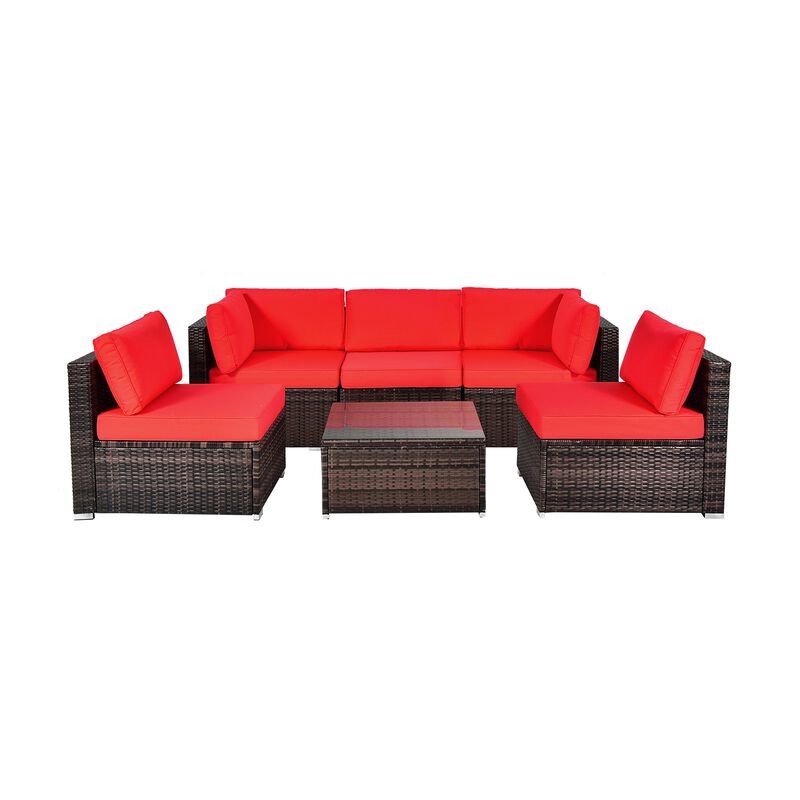 6 Pieces Patio Rattan Furniture Set with Cushions and Glass Coffee Table image number 0