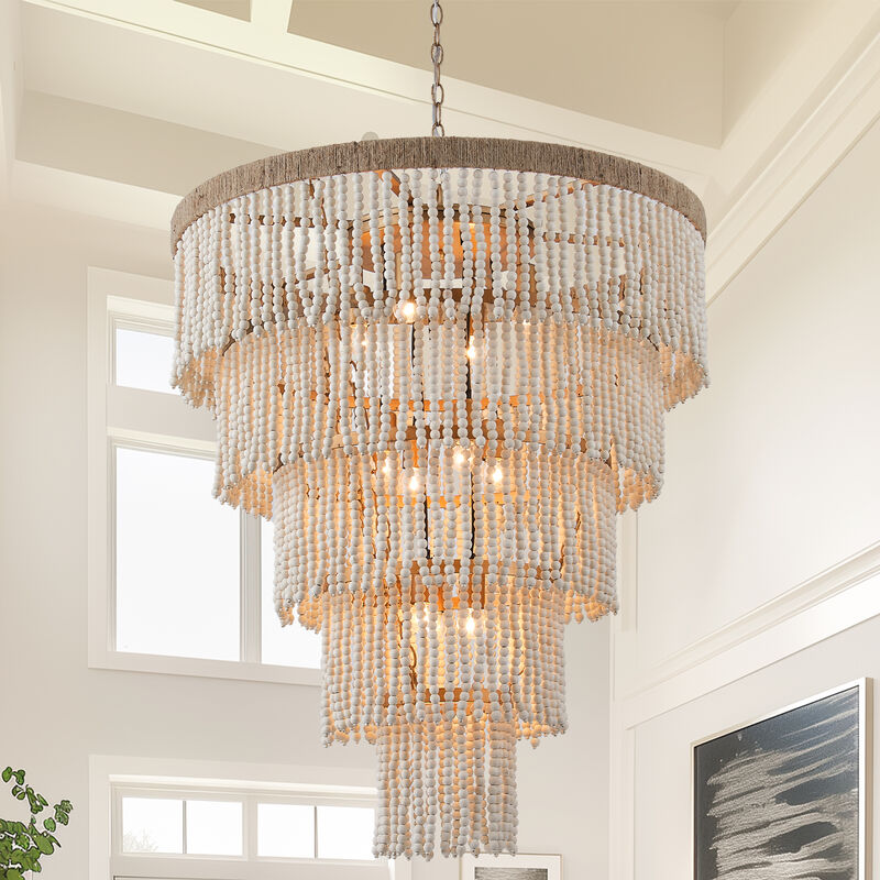 32 in. 9-Light Bohemian Off-White 5-Tier Round Fringe Chandelier