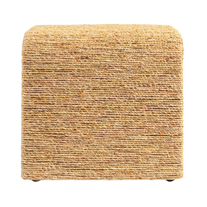 Woven Water Hyacinth and Acacia Wood End Table with Waterfall Edge