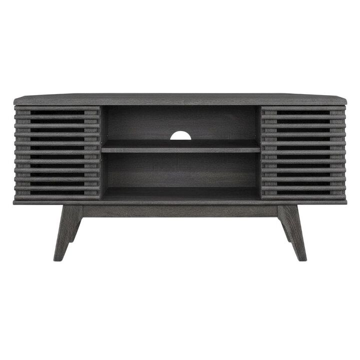 Brown wooden 46-inch corner TV stand with open shelving and versatile design